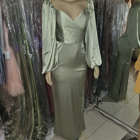 Sage Long Sleeve Off The Shoulder Soft Satin Fitted Dress - Picture 14 of 14
